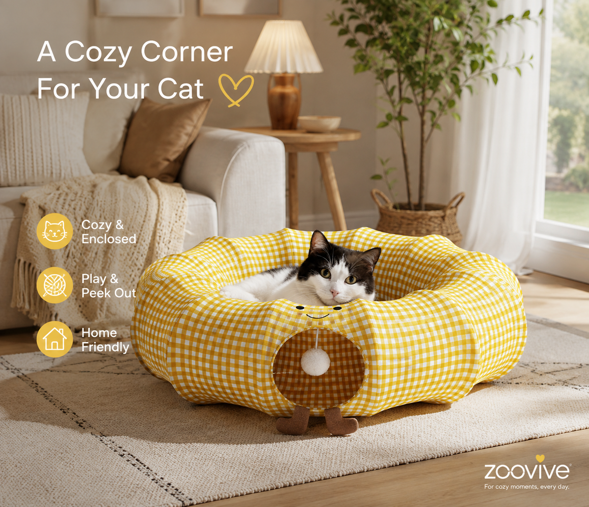 Cozy Gingham Cat Hideaway Bed – 2-in-1 Enclosed Cat Bed