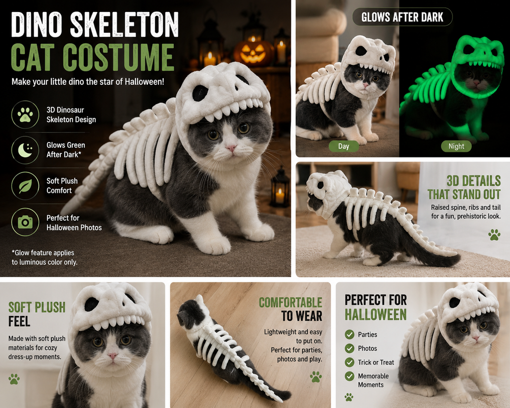 Glow-in-the-Dark Dinosaur Skeleton Cat Costume – Soft Plush Halloween Pet Costume