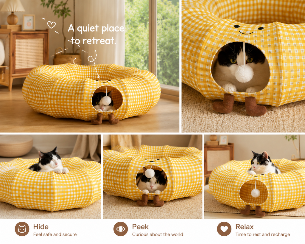 Cozy Gingham Cat Hideaway Bed – 2-in-1 Enclosed Cat Bed