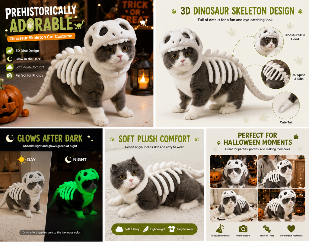 Glow-in-the-Dark Dinosaur Skeleton Cat Costume – Soft Plush Halloween Pet Costume