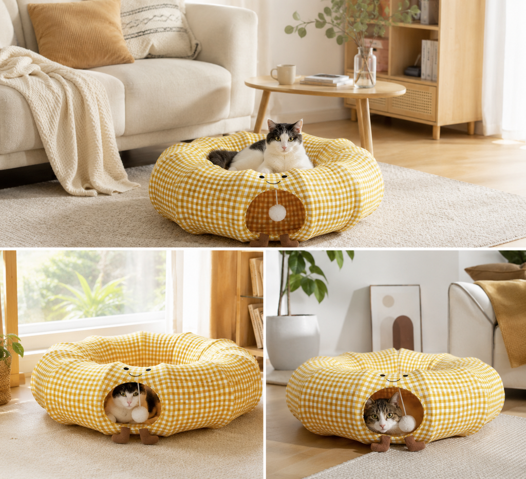 Cozy Gingham Cat Hideaway Bed – 2-in-1 Enclosed Cat Bed