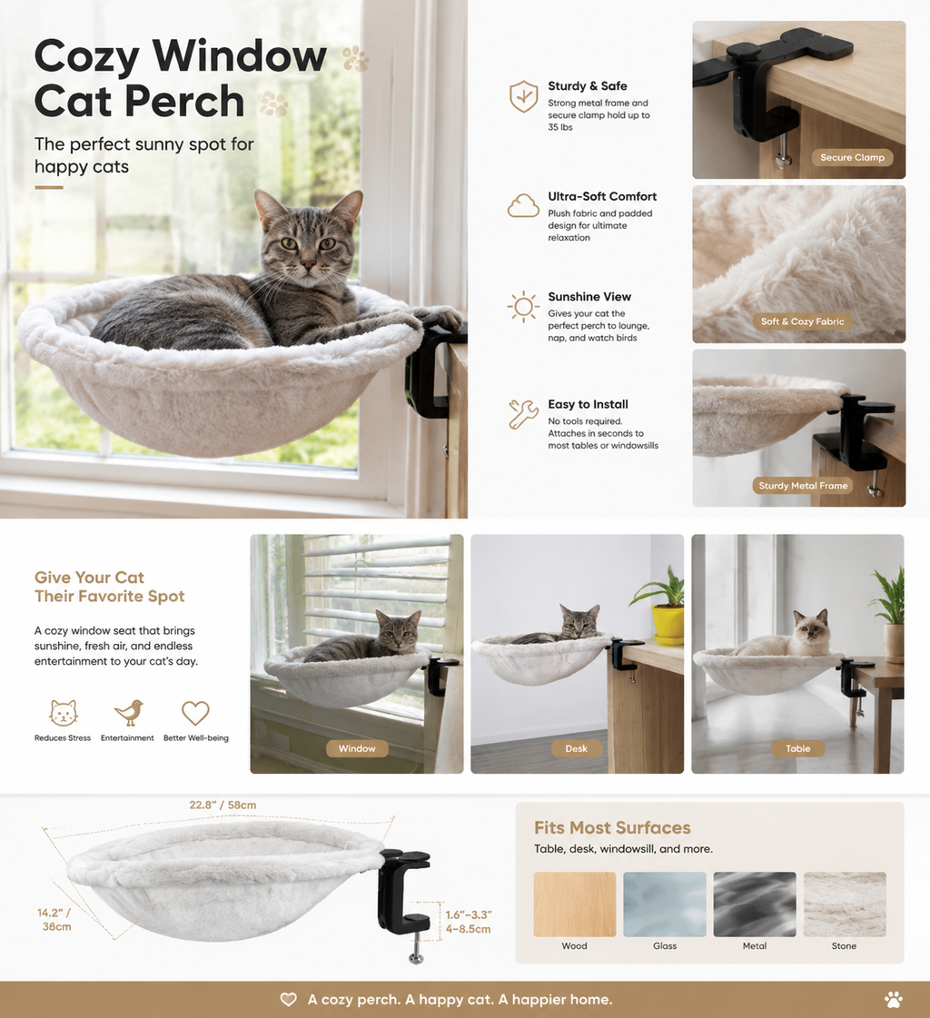 Desk-Mounted Cat Hammock Bed｜Foldable No-Drill Cat Lounger｜Soft All-Season Cat Nest